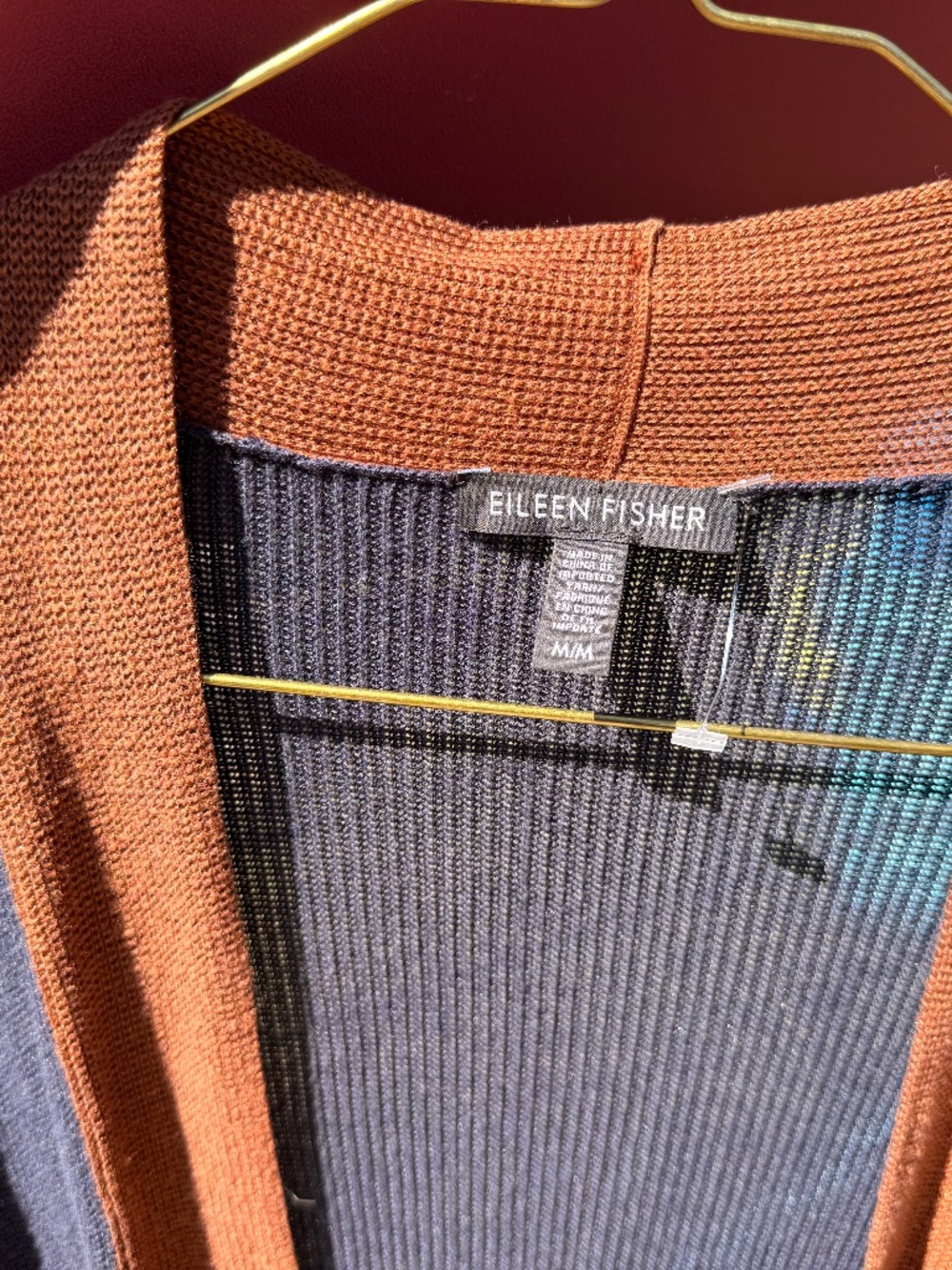 Eileen Fisher Open Front Cardigan Sweater Medium | Navy & Cognac | Lightweight L